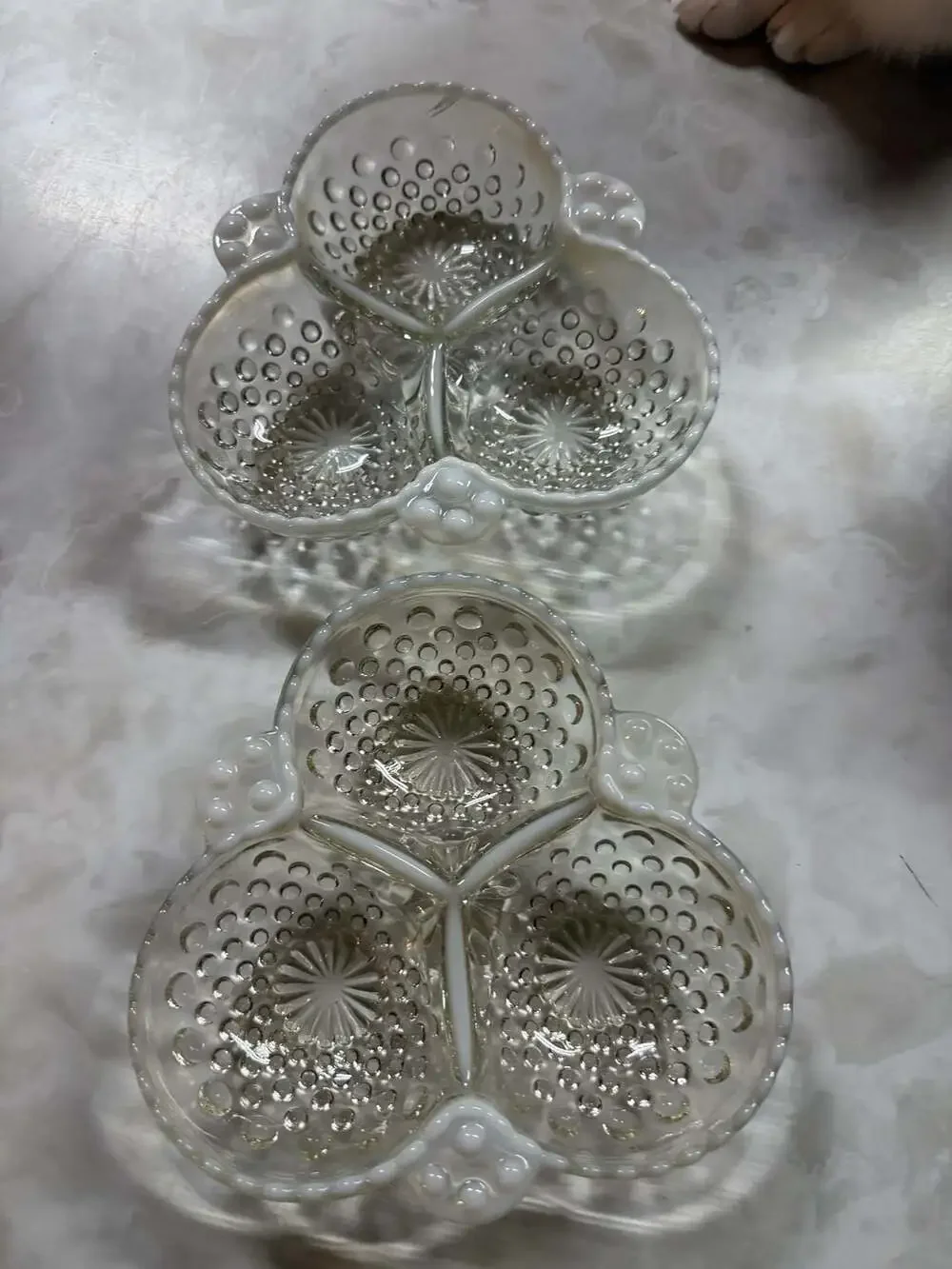 Vintage Moonstone Opalescent Hobnail Three-Section Divided Dishes Set of 2